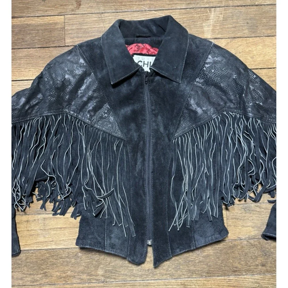 Vintage Chia Leather Jacket Womens Small Black Fringe Western Cowgirl Nashville - Picture 2 of 12